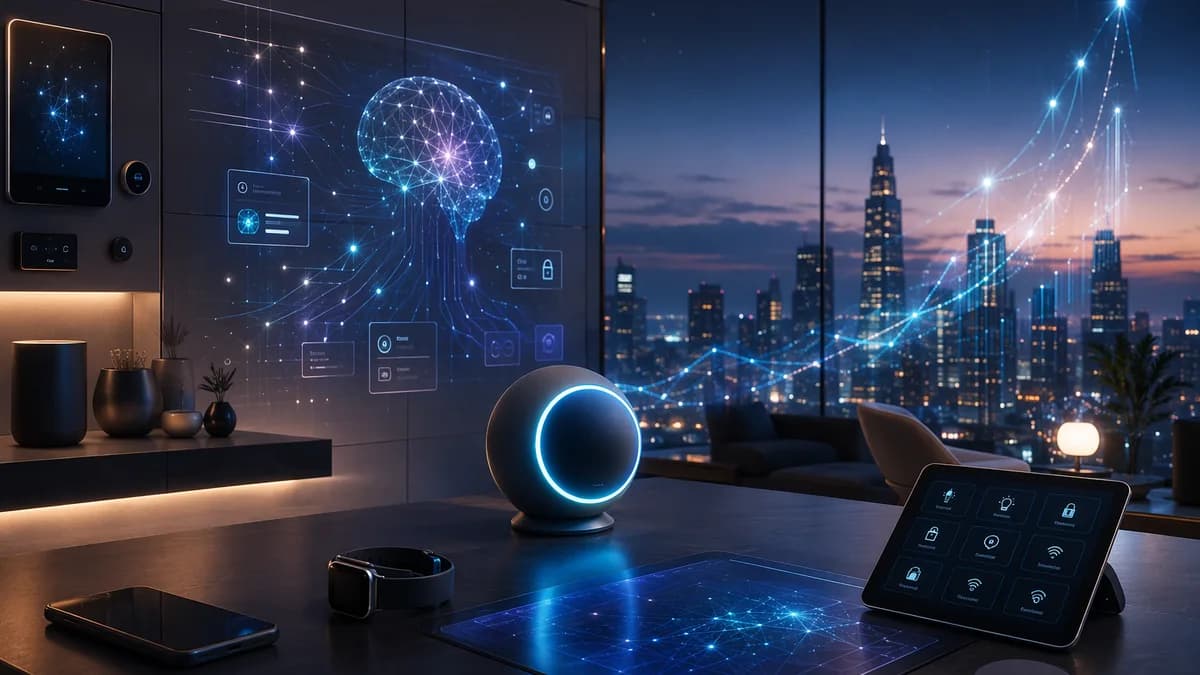 Premium smart home tech hub with AI glow and rising market light trails in a futuristic workspace
