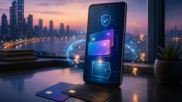 Generic smartphone and unbranded cards illustrate restored card payments for Apple Account purchases in India.