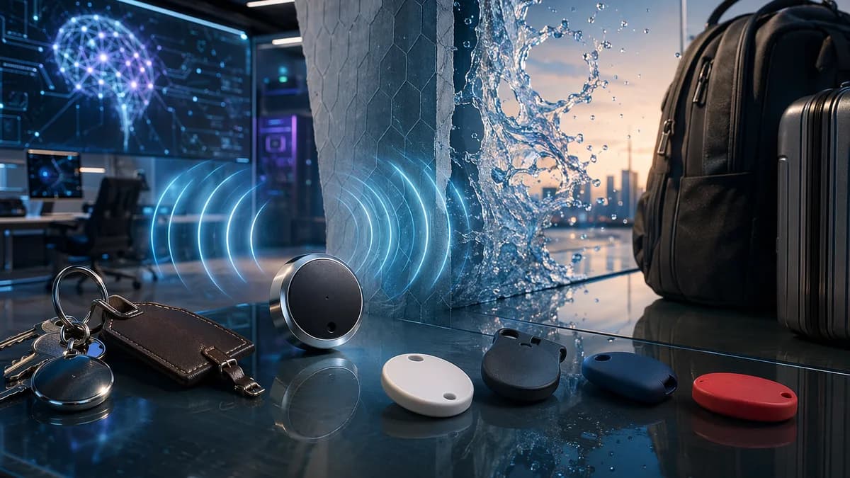 Premium and budget Bluetooth trackers tested on a futuristic desk with signal waves, walls, and water.