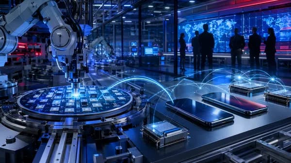 Unbranded smartphones and wireless chips in a futuristic U.S. semiconductor lab with robotic fabrication.