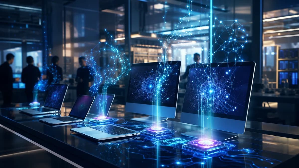 Unbranded laptops and desktops in a futuristic AI lab with glowing neural network visuals.