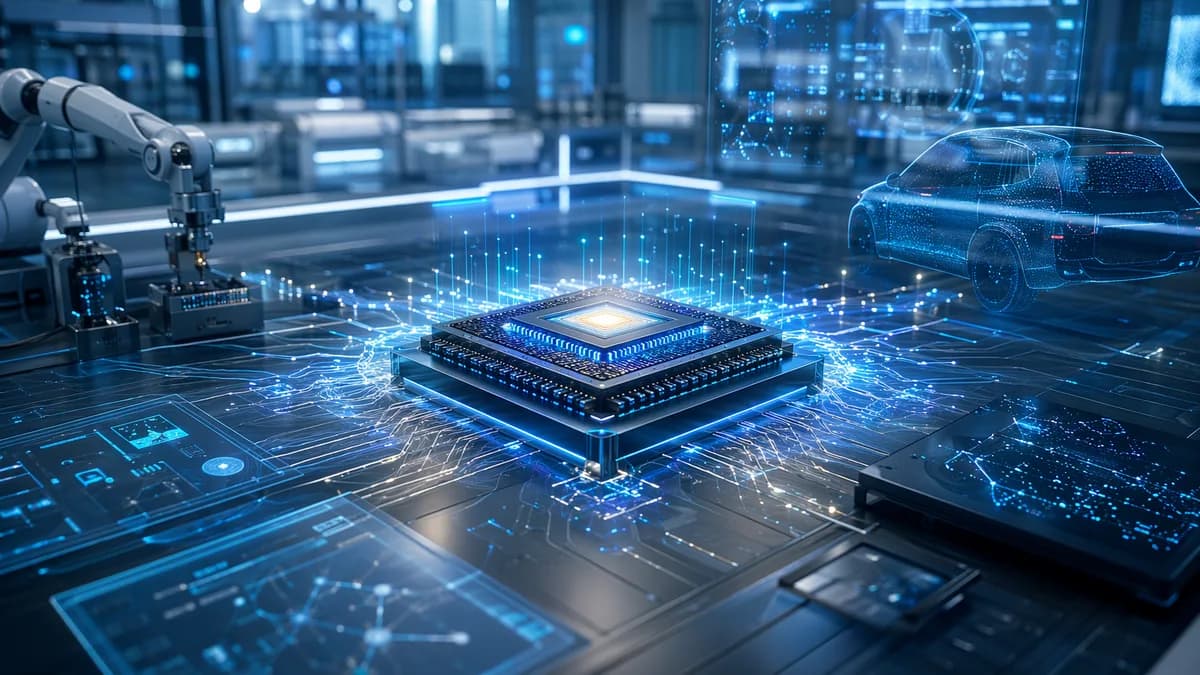 Glowing AI chip in a futuristic lab with neural networks and autonomous vehicle sensor imagery