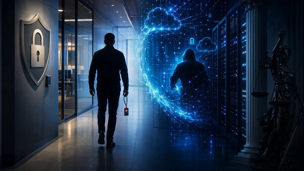 Departing employee silhouette near secured corporate network, illustrating offboarding data risks.
