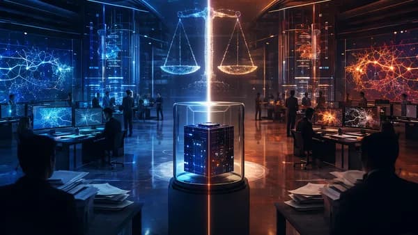 Futuristic tech lawsuit scene with AI hardware, encrypted data streams, and opposing corporate labs.