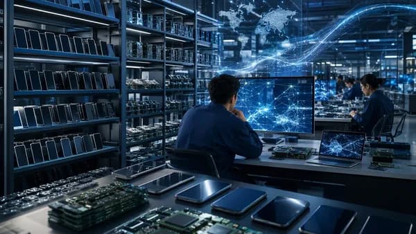 Unbranded devices and memory chips in a futuristic tech warehouse suggesting supply constraints.