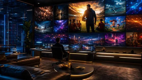 Futuristic streaming hub with abstract panels hinting at soccer, crime, kids animation and sci-fi.