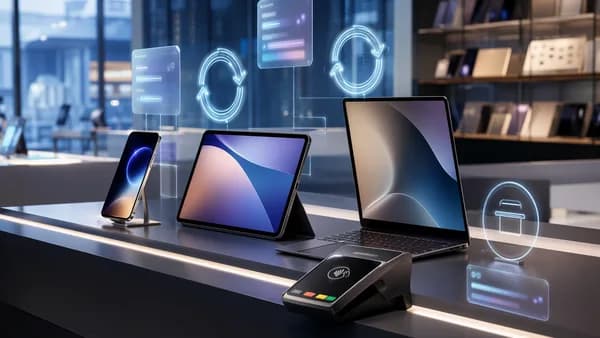 Premium devices with holographic leasing and payment visuals in a sleek tech retail setting.
