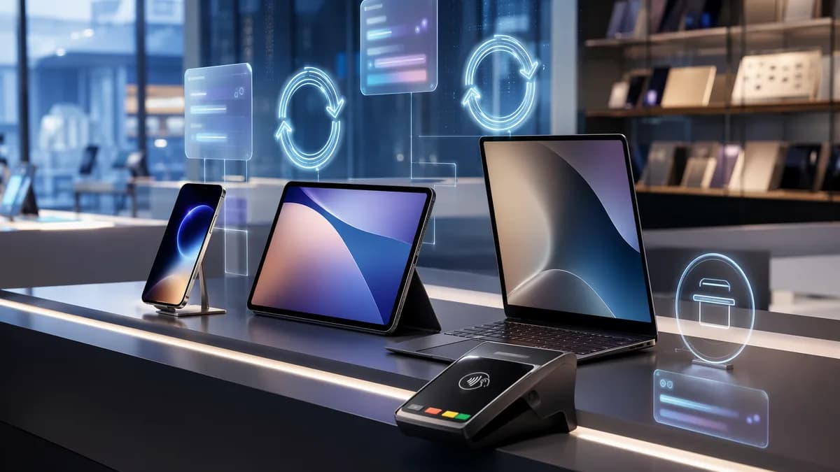 Premium devices with holographic leasing and payment visuals in a sleek tech retail setting.