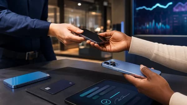 Premium smartphone leasing concept with digital banking interface and device swap on a modern desk