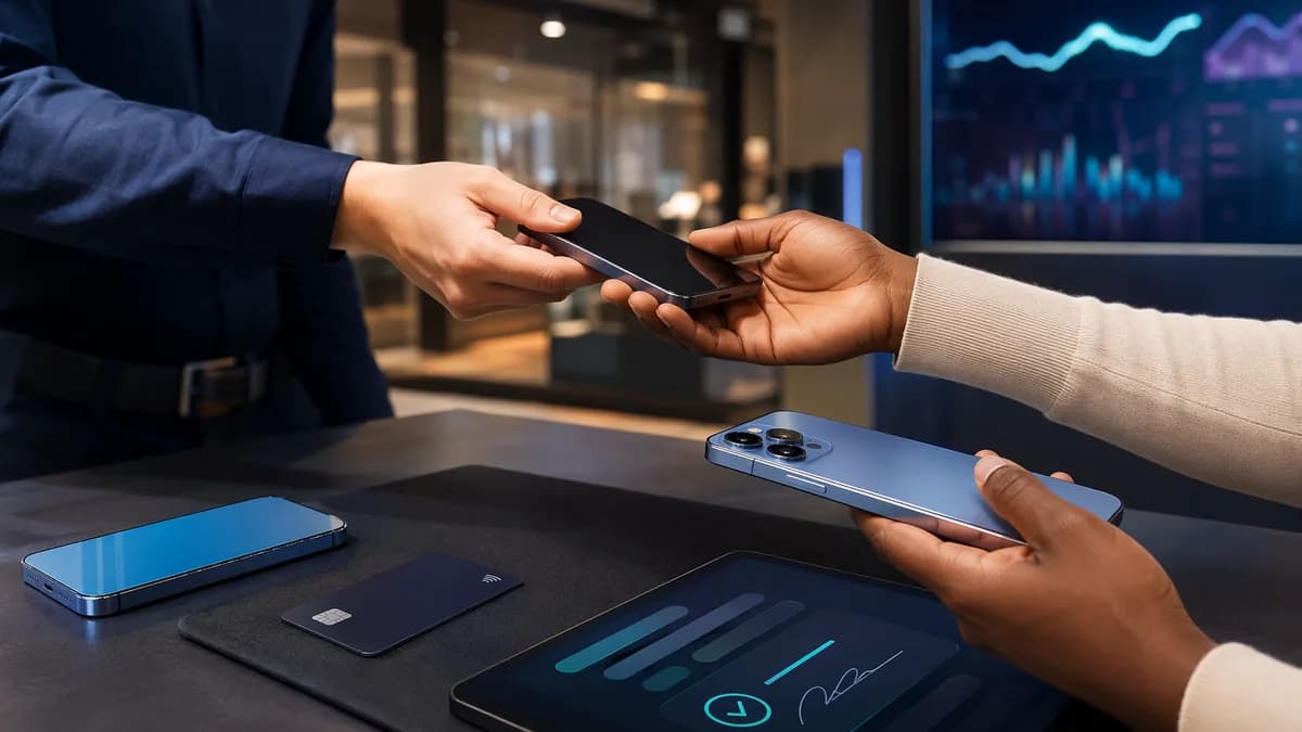 Premium smartphone leasing concept with digital banking interface and device swap on a modern desk
