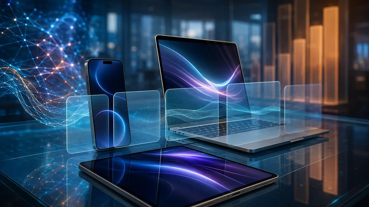 Unbranded premium devices obscured by payment-like holograms in a futuristic tech workspace.