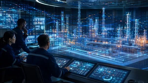 AI digital twin linking sensors across a futuristic oil and gas plant operations hub.