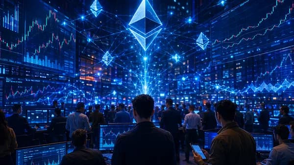 Crypto trading floor with Arbitrum-style blockchain data streams and rising market momentum