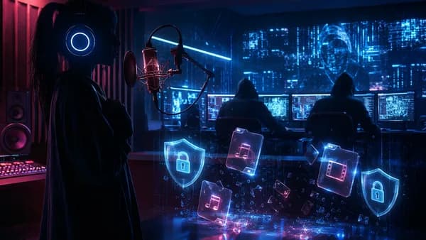 Anonymous singer in a studio surrounded by hackers, locks, shields, and dark cybersecurity visuals.
