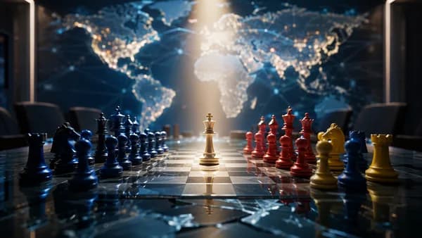 Chess king on geopolitical board with world map and global connections, symbolizing FIDE sanctions crisis.