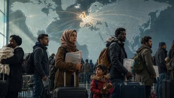 Asylum seekers in a UK waiting hall with global map projections, conveying migration policy uncertainty.
