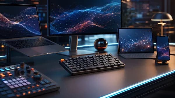 Compact portable keyboard connecting multiple devices on a futuristic productivity desk