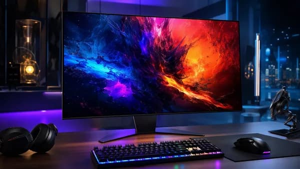 Premium OLED gaming monitor in a futuristic tech workspace with cinematic lighting and abstract visuals.