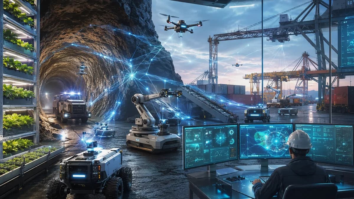 Autonomous robots linked by AI networks across mining, freight, and food production environments