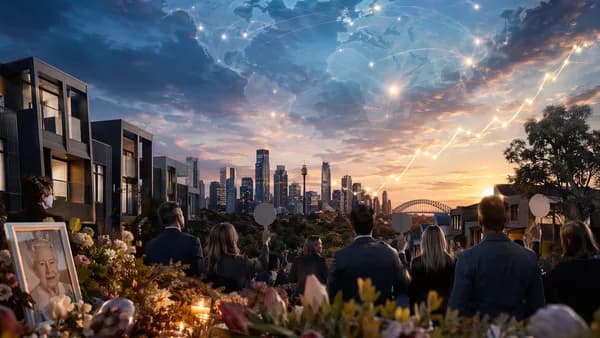 Australian skyline with housing auction scene, global map connections, and subtle memorial tribute lighting.