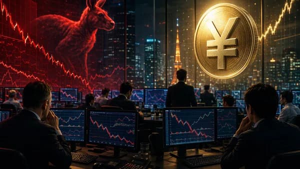 FX trading desk showing Australian dollar weakness and Japanese yen strength amid volatile market charts