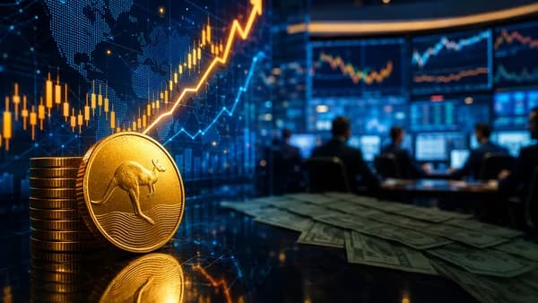 Australian dollar recovery visualized on a modern trading desk with rising market charts.