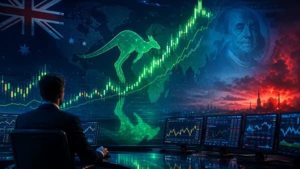AUD strength visualized on a modern trading floor with rising charts and fading dollar-themed backdrop.