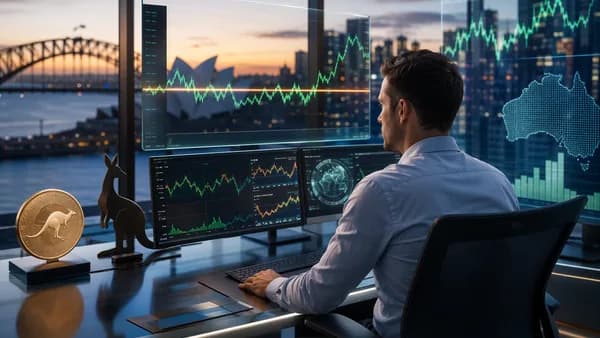 Trader monitors steady Australian dollar market charts after stronger employment data.