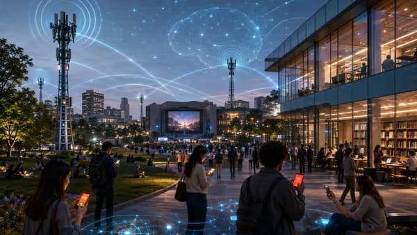 People in public spaces receive uneven phone alerts amid glowing cell tower signals.
