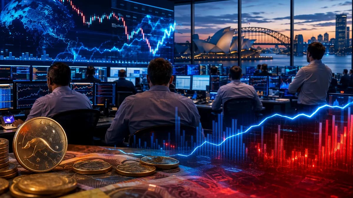 Sydney trading floor with abstract market charts suggesting inflation-driven Aussie dollar volatility