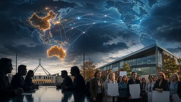 Australia-China tensions and Victorian teacher strike shown over a connected global map.