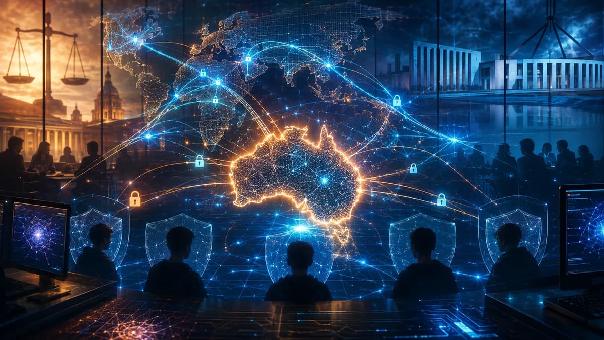 Digital Australia map with data streams, privacy shields, and legal symbols in a futuristic tech workspace.