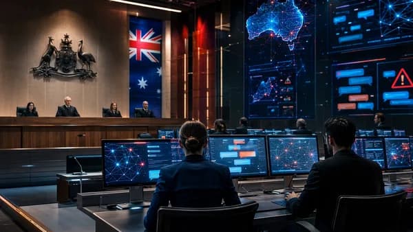 High-tech Australian courtroom scene about encrypted messaging, moderation, and online safety accountability.