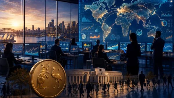 Sydney financial newsroom with global map and market visuals symbolizing steady Australian employment data