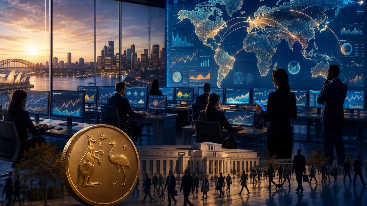 Sydney financial newsroom with global map and market visuals symbolizing steady Australian employment data
