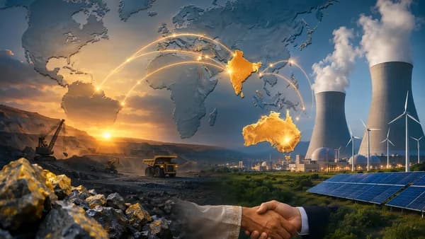 Australia and India linked on a world map with uranium, clean energy, and Indo-Pacific trade imagery.