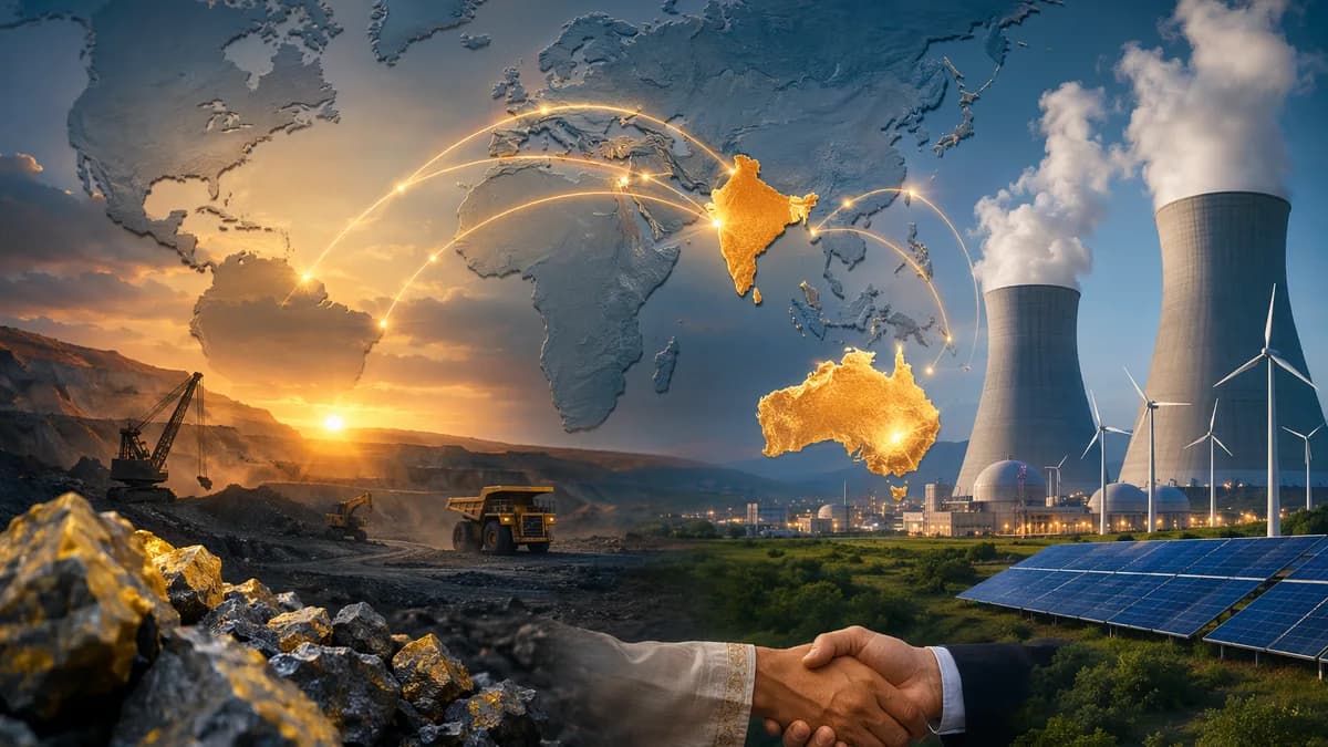 Australia and India linked on a world map with uranium, clean energy, and Indo-Pacific trade imagery.
