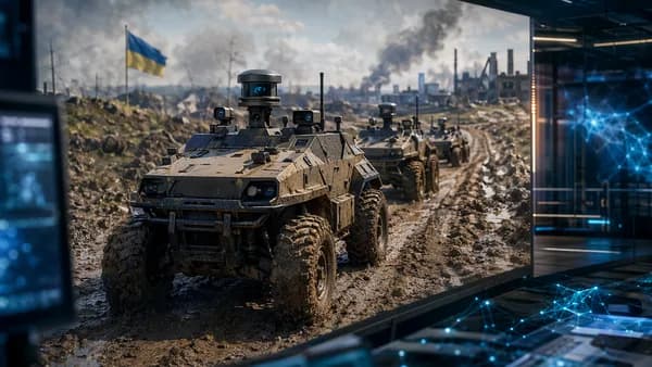 Autonomous military ATVs with sensors drive through a muddy battlefield under cinematic light.