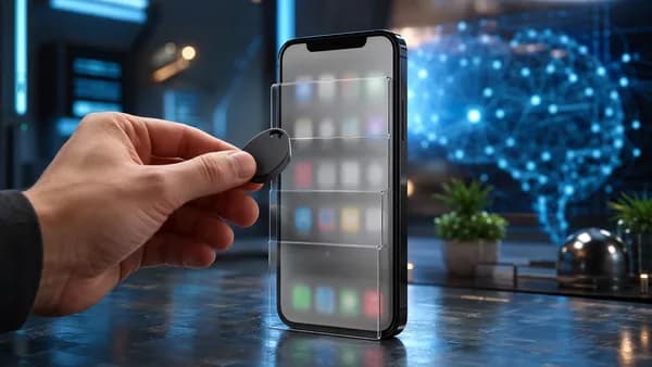 Hand holding NFC fob near smartphone with blurred locked apps in a futuristic tech workspace.