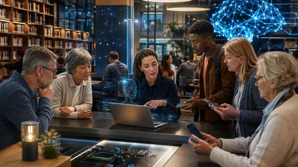 Librarian helps people opt out of AI tools in a modern library tech clinic with glowing interfaces.