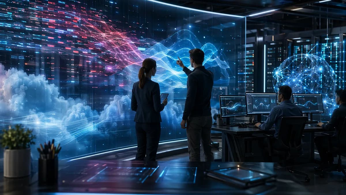 Cloud operations team investigates phantom billing glitch in a futuristic tech control room.