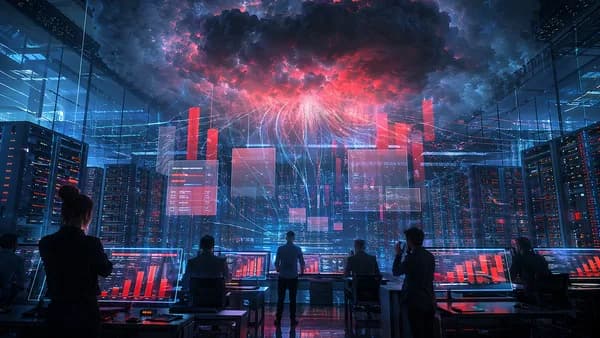 Futuristic cloud control room with warning dashboards and engineers reacting to a major billing glitch