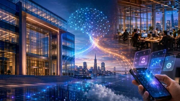 AI banking infrastructure connects a bank tower, fintech workspace, and San Francisco skyline.