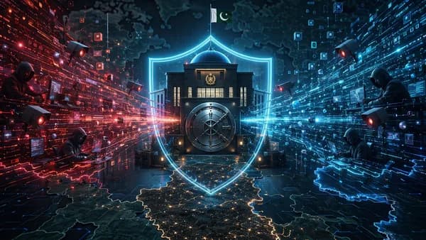 Cyber espionage targeting Pakistani police data, shown with shields, locks, and opposing digital intrusion streams.