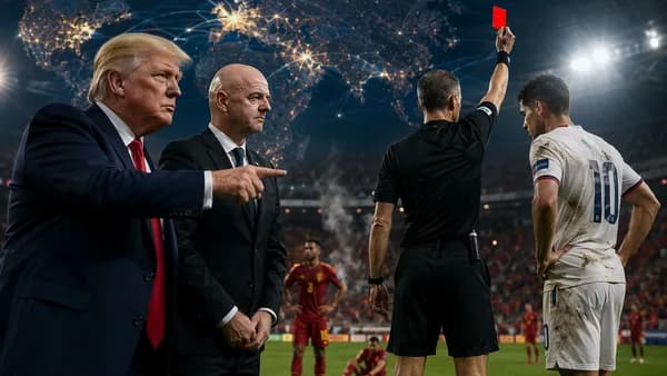 Political football controversy with referee red card, stadium, world map, and global connections.