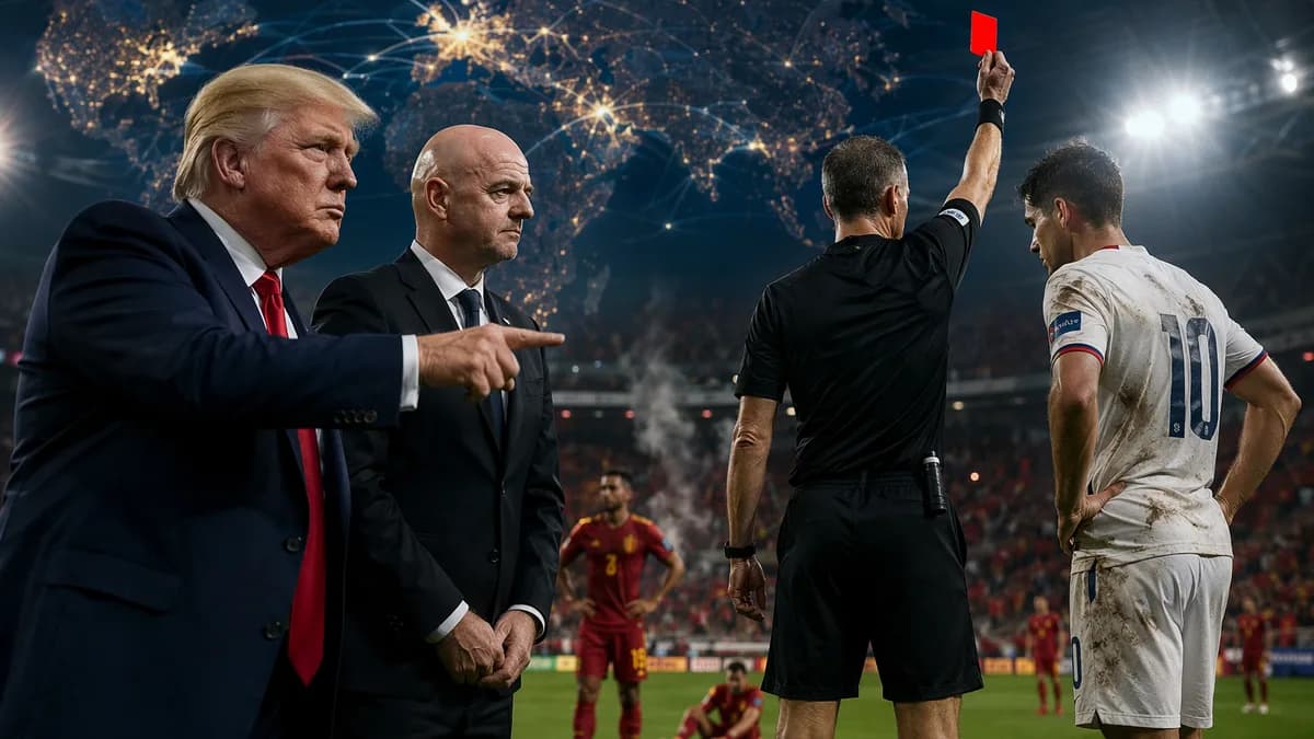 Political football controversy with referee red card, stadium, world map, and global connections.