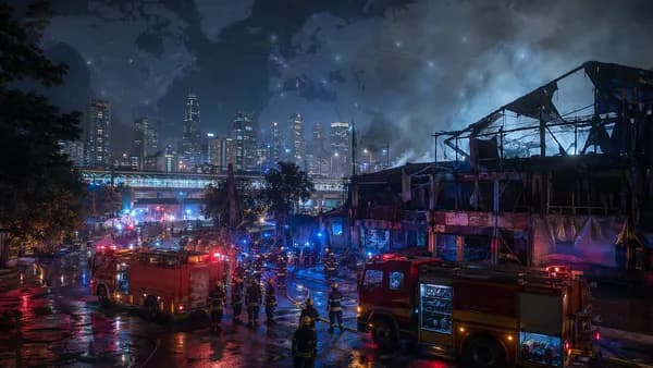 Bangkok night fire scene with emergency crews, smoke, city lights, and subtle global map overlay.