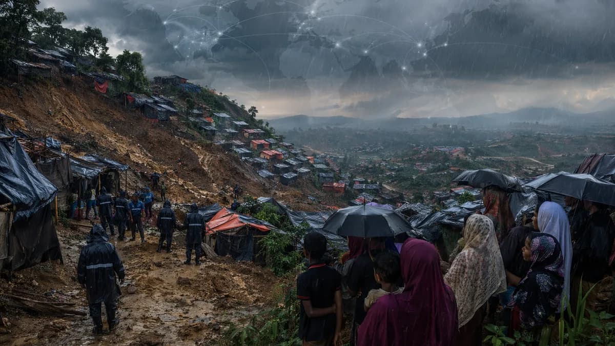Monsoon landslide near crowded refugee shelters in Cox’s Bazar with responders and a faint world map overlay.