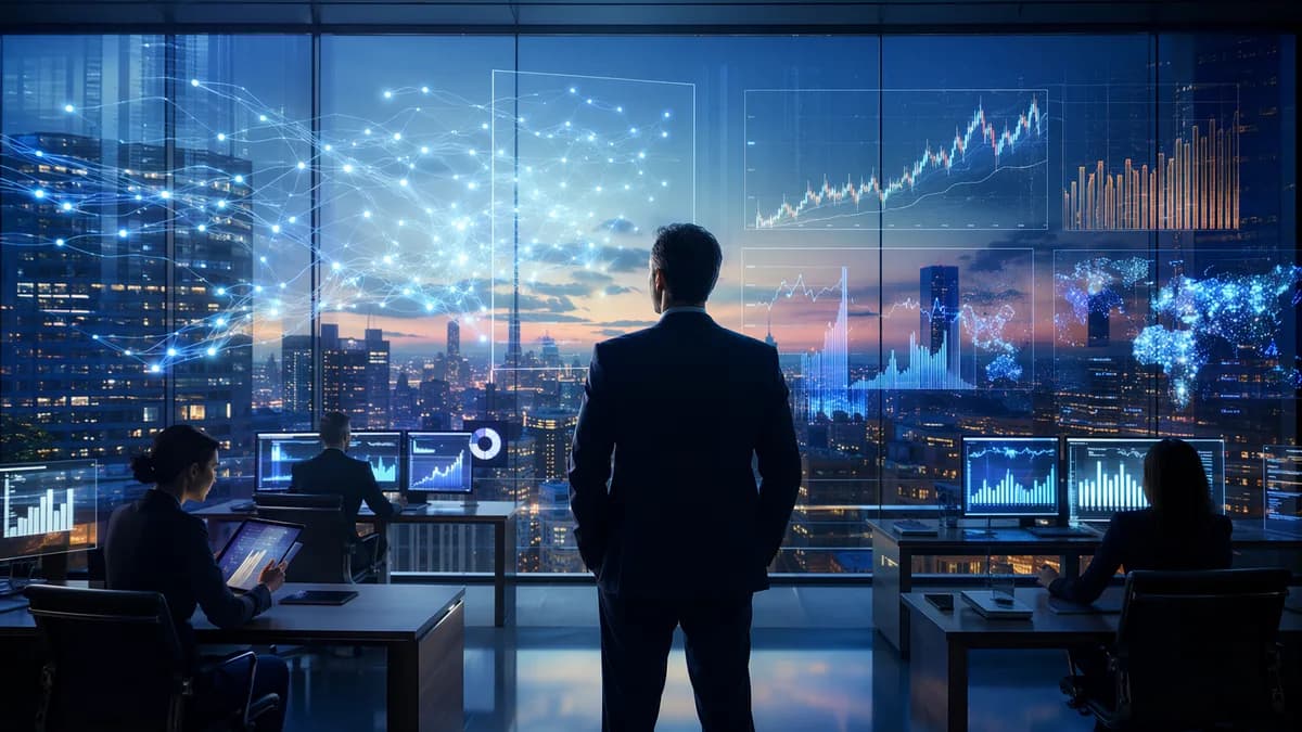 Executive banking team studies AI analytics in a modern command center overlooking a city skyline.