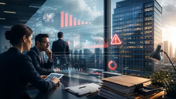 Bank analysts review digital credit risk dashboards as bankruptcy pressure rises before earnings.